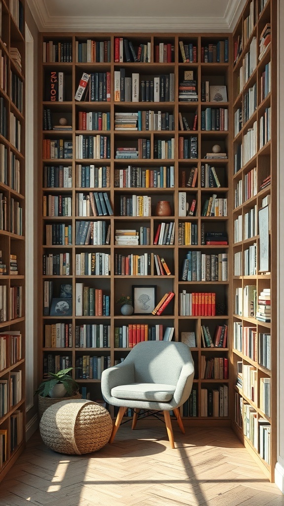 A cozy reading nook with a bookshelf filled with books, a soft chair, and a pouf.