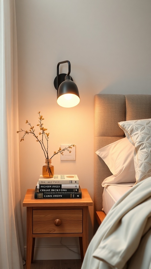 A cozy nightstand with a stack of books, a lamp, and a small vase with branches.