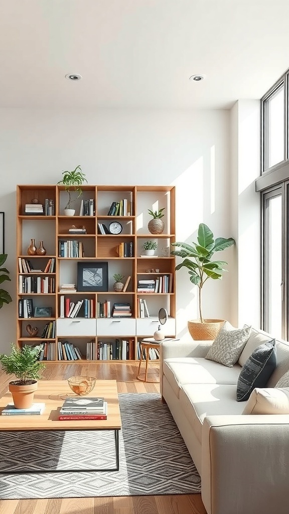 A stylish bookshelf acting as a room divider in a bright living space, featuring plants and decorative items.