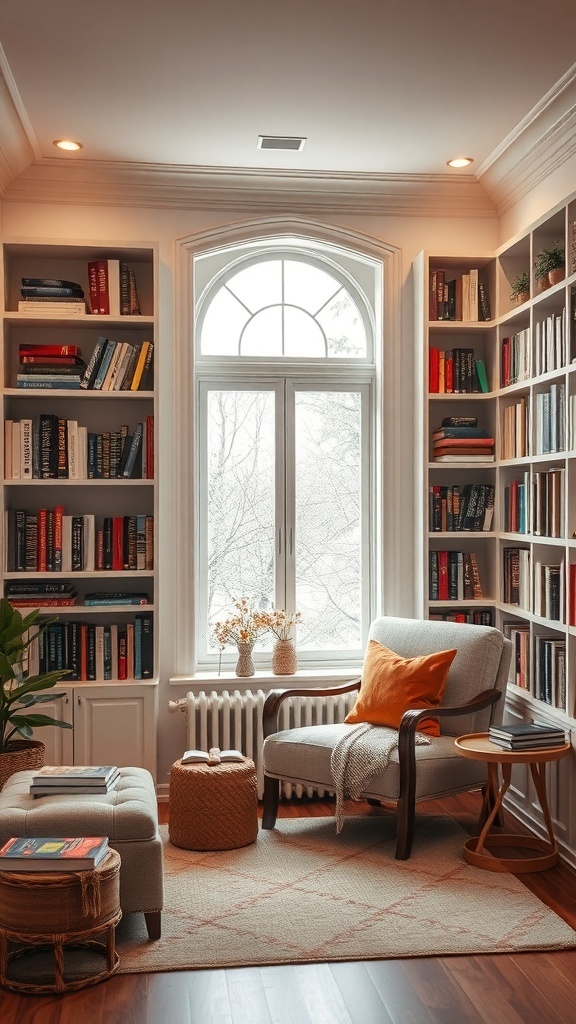 A cozy reading nook with bookshelves, a comfortable chair, and natural light.