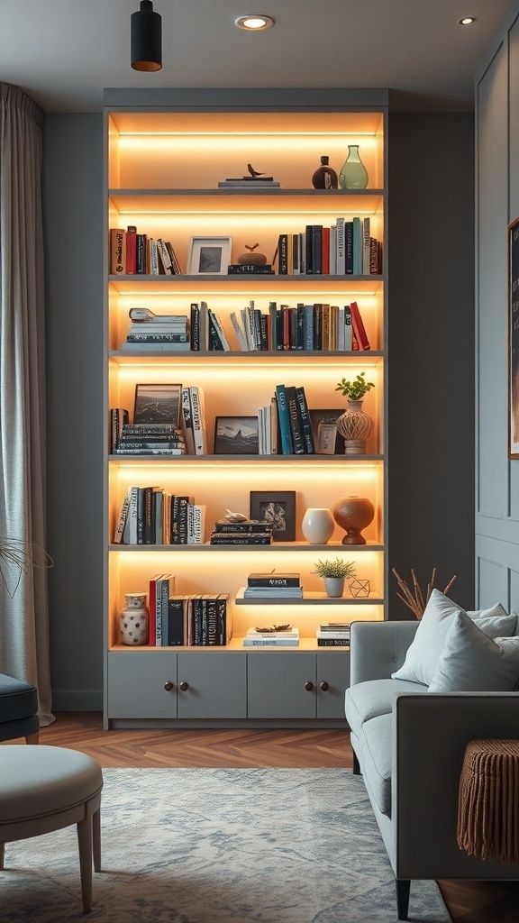 A modern bookshelf with integrated lighting, displaying books and decorative items.
