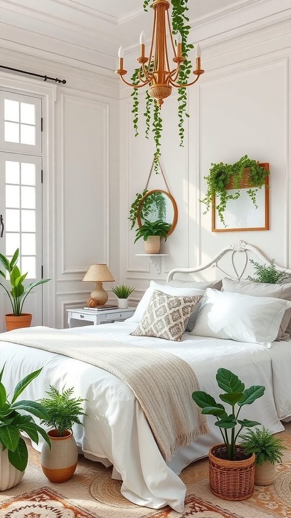 A romantic French bedroom featuring potted plants, a chandelier with hanging greenery, and soft bedding.