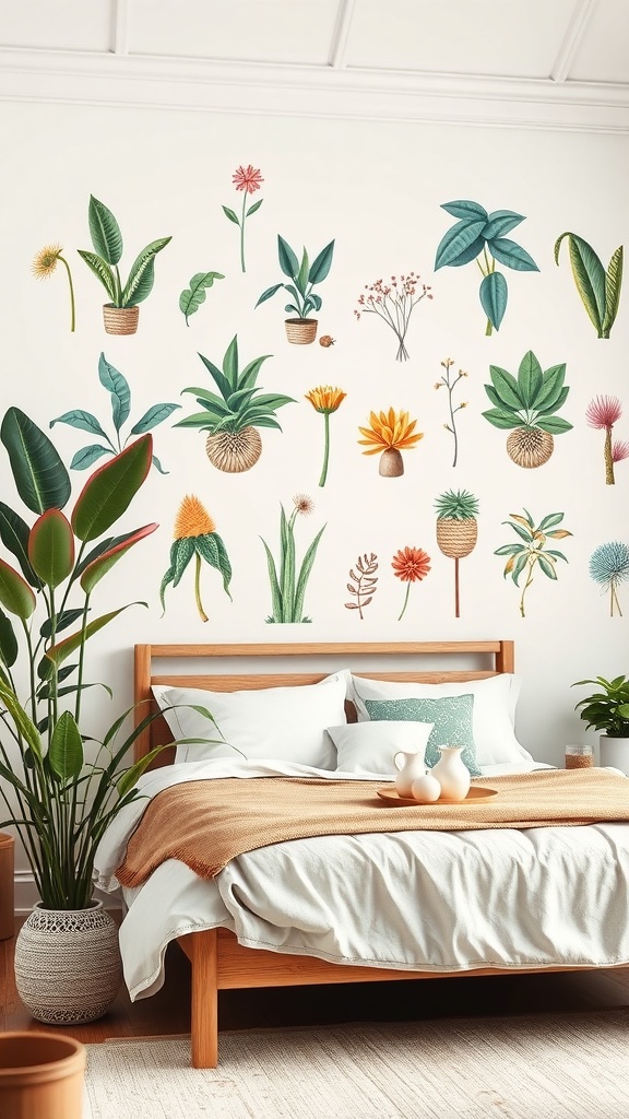 A cozy bedroom featuring botanical illustrations on the wall, with a wooden bed and plants.