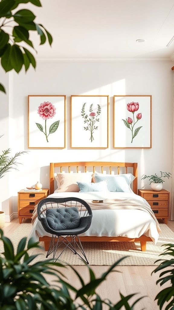 A cozy bedroom featuring three botanical prints above a bed, surrounded by plants.