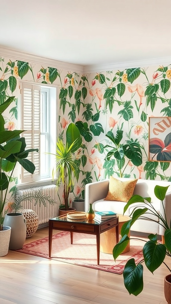 A cozy living room with botanical print wallpaper, potted plants, and a comfortable sofa.