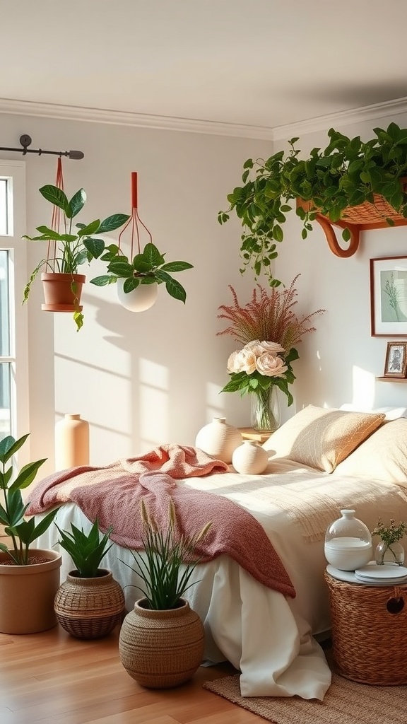A rustic romantic bedroom featuring various potted plants and hanging greenery, with soft bedding and warm lighting.