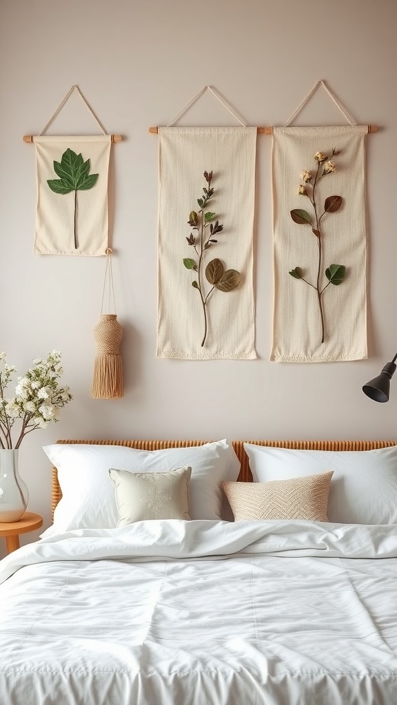 Botanical wall hangings featuring pressed leaves and flowers in a cozy bedroom setting.