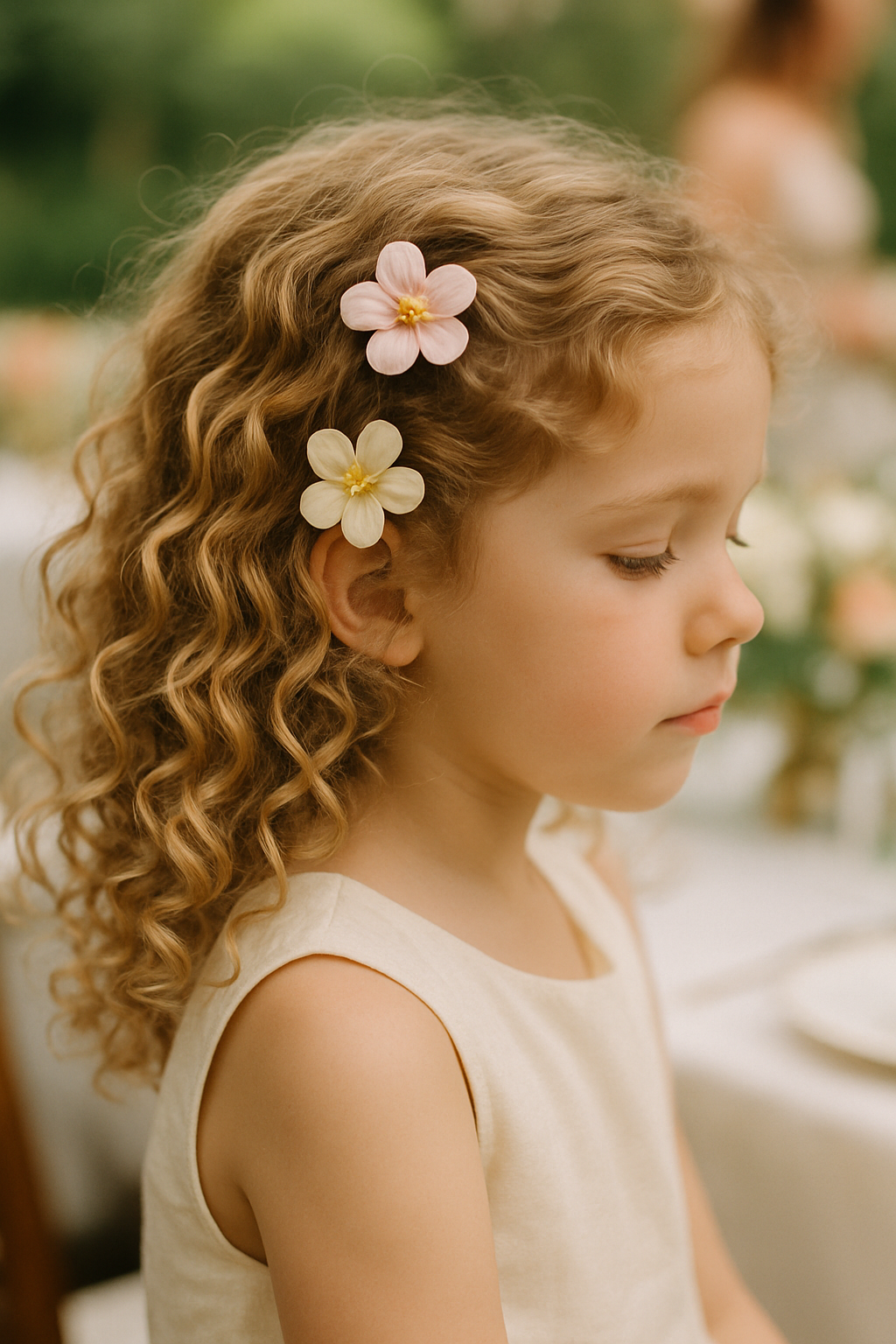 A young girl with bouncy curls and floral clips in her hair, looking serene at a wedding.