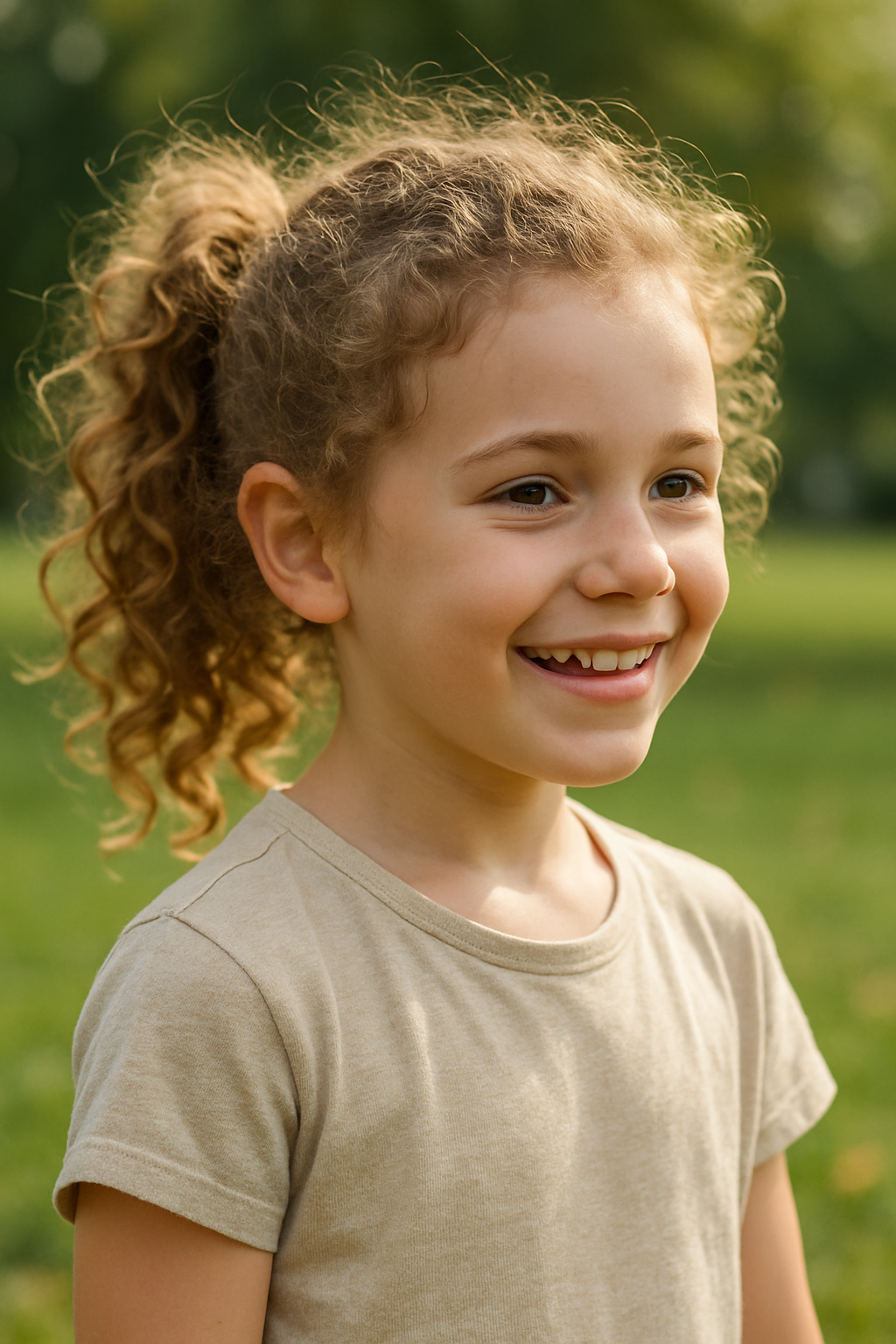 A young girl with curly hair tied in a bouncy ponytail, smiling outdoors.