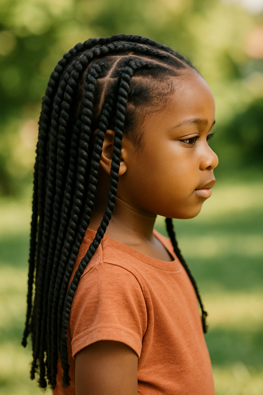 A young girl with box braids, showcasing a stylish hairstyle for textured hair.
