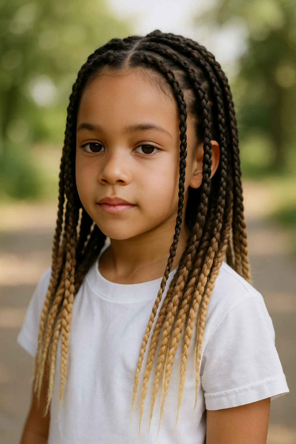 A young girl with box braids featuring an ombre effect, showcasing a stylish hairstyle.