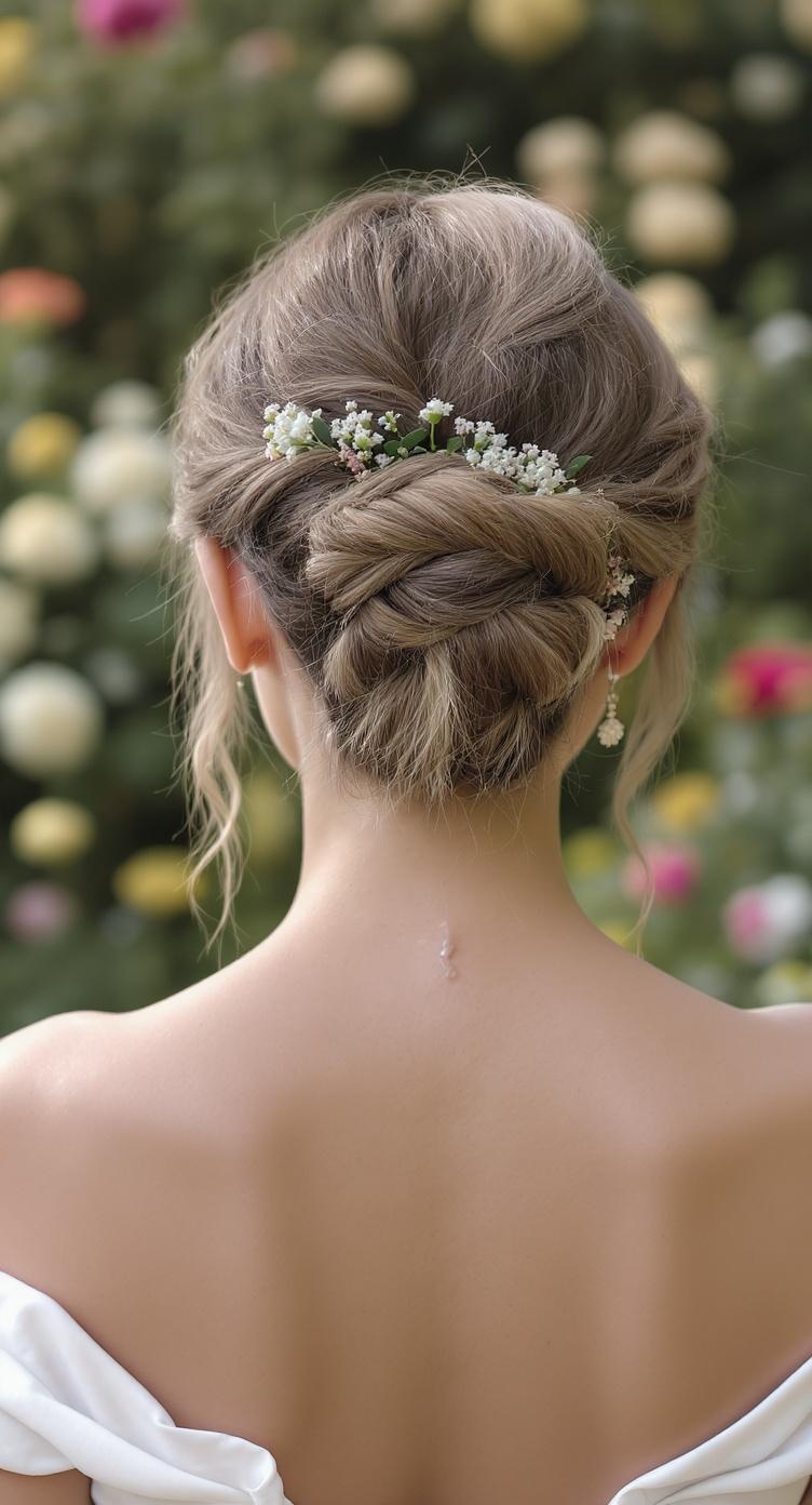A woman with a braided bun hairstyle adorned with flowers, showcasing a romantic look.