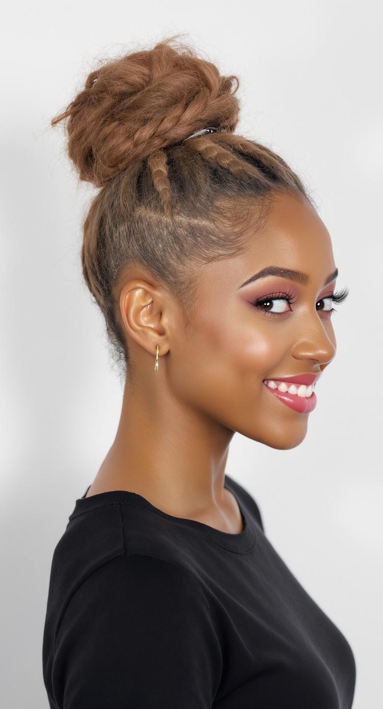 A woman with a braided bun hairstyle, showcasing short hair and a cheerful expression.
