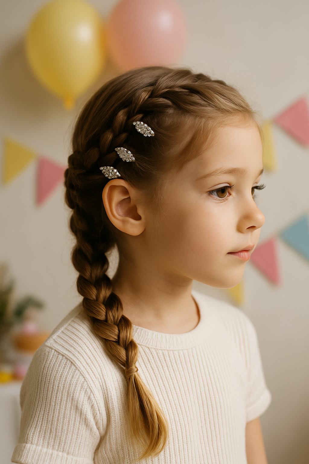 A young girl with a braided hairstyle adorned with sparkly clips, showcasing a playful and stylish look.
