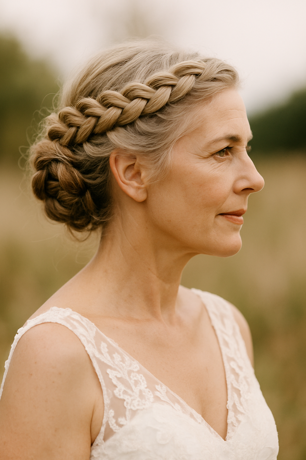A mature bride with a braided crown hairstyle, showcasing elegance and a bohemian touch.