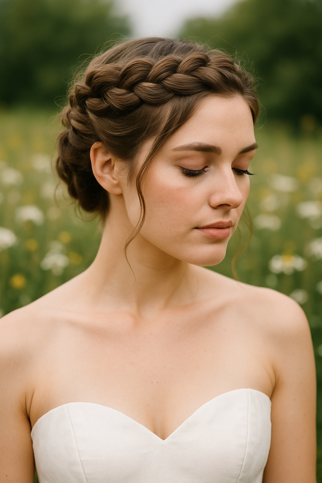 A bride with a braided crown hairstyle, wearing a strapless wedding dress, surrounded by a field of flowers.