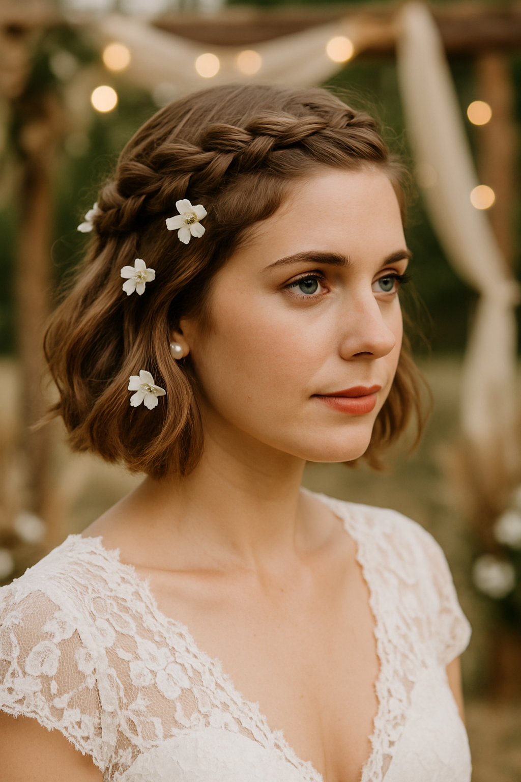 A woman with a bob haircut featuring a braided crown and small white flowers.