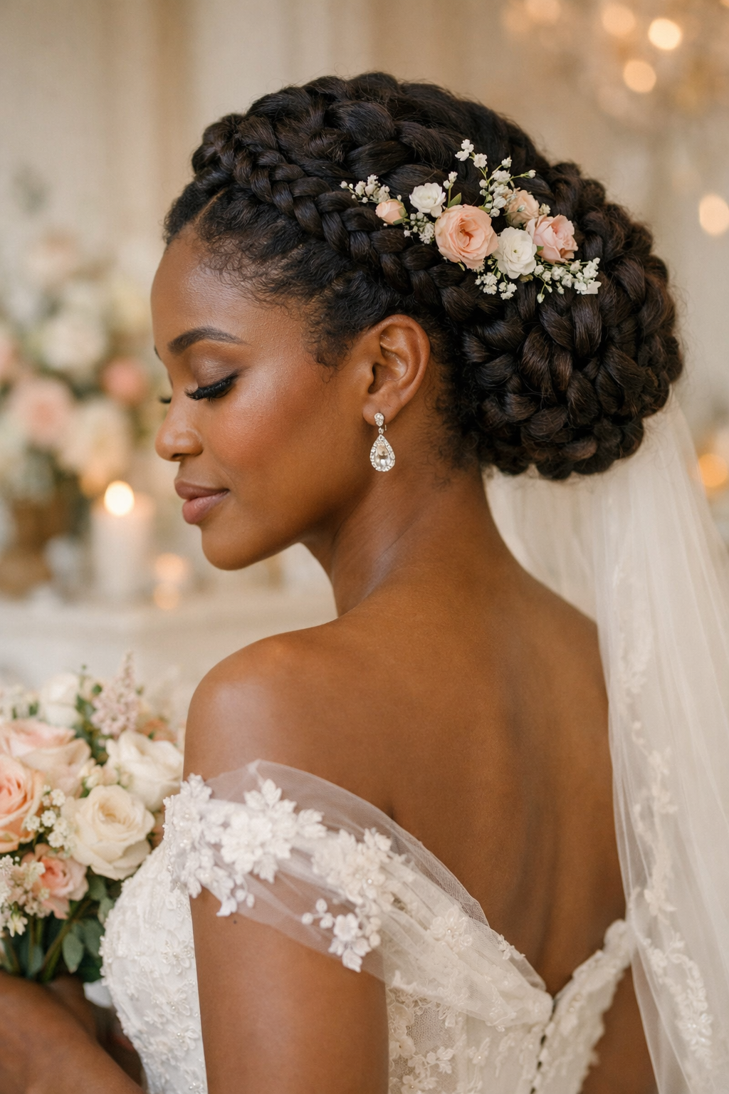 An elegant braided crown style for black women, adorned with flowers, perfect for a wedding guest.