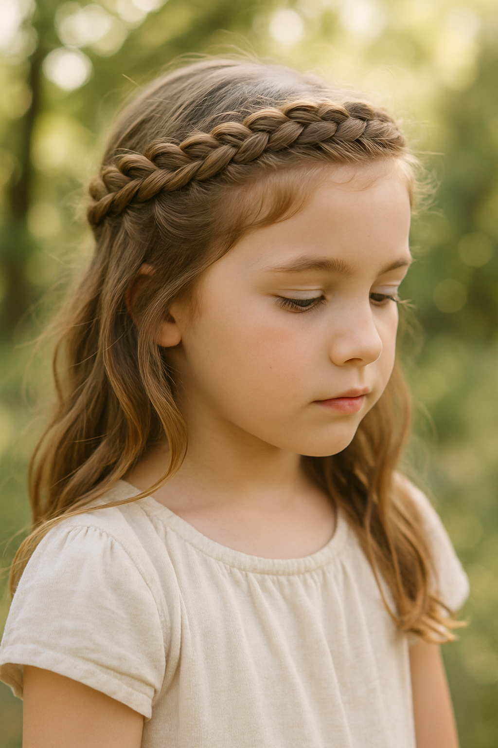 A young girl with a braided crown hairstyle, looking thoughtful in a natural setting.