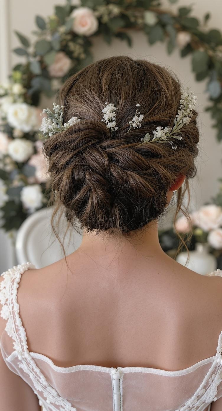 A braided crown updo hairstyle adorned with small white flowers, showcasing a romantic and elegant look.