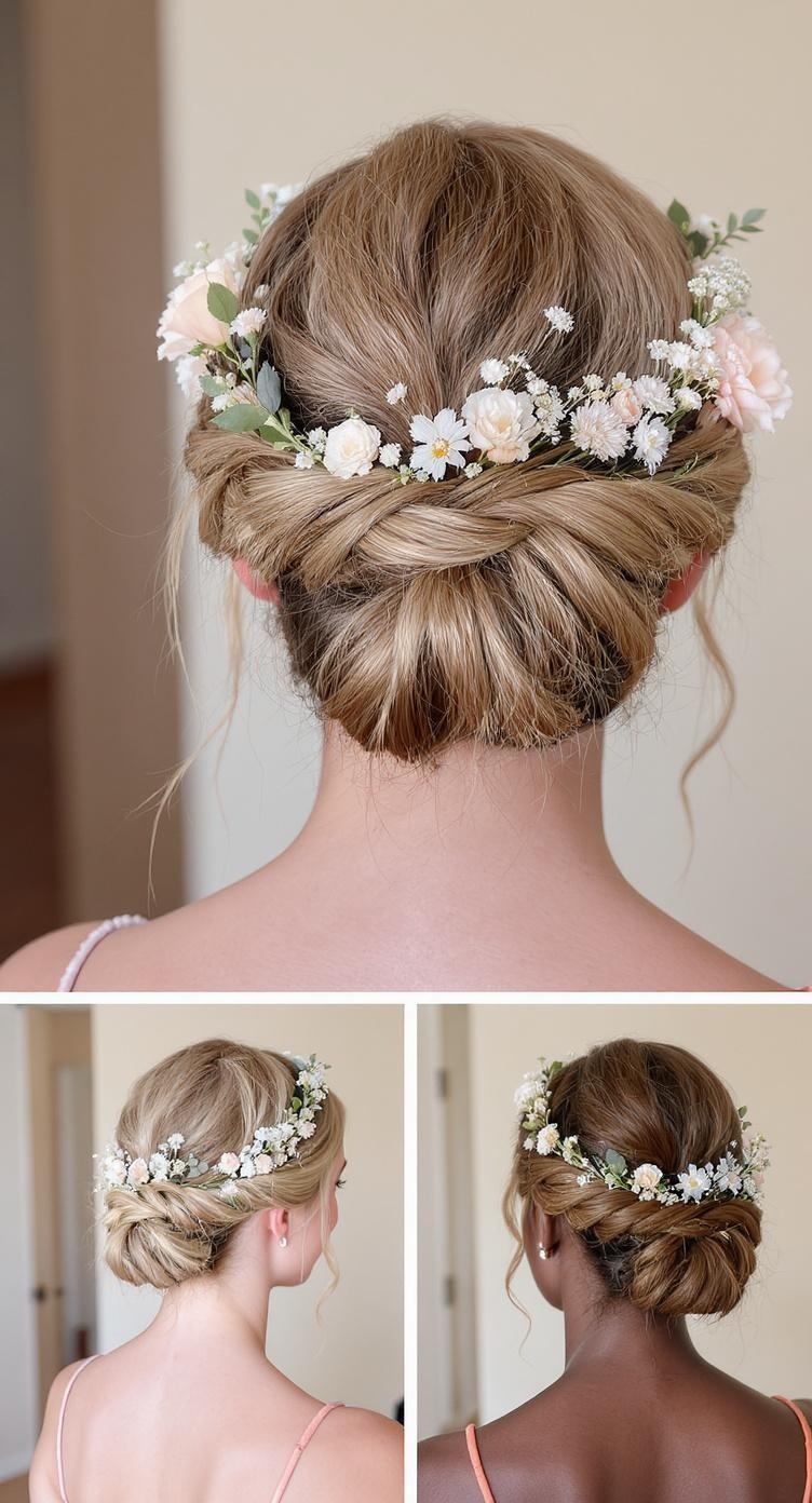 A beautiful braided crown updo hairstyle adorned with flowers, perfect for bridesmaids.