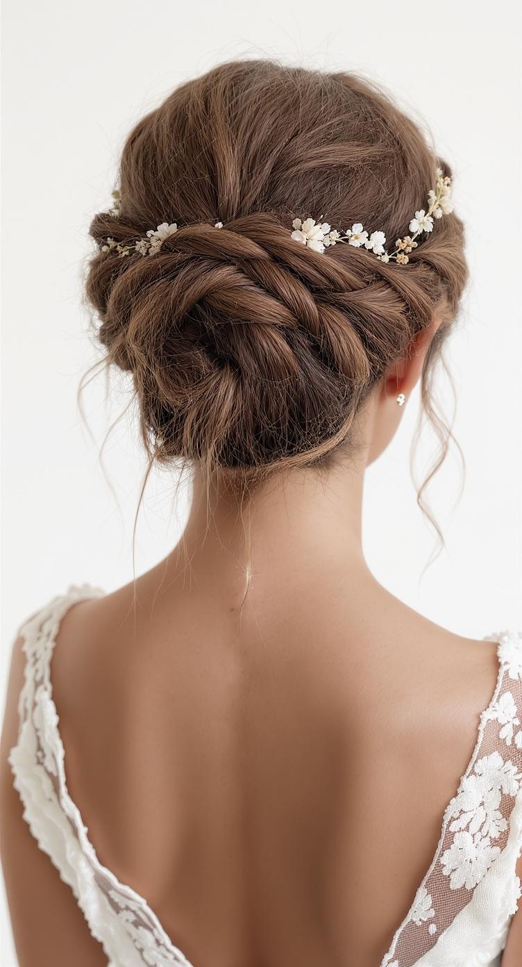A medium-length braided crown updo hairstyle adorned with small flowers, viewed from the back.