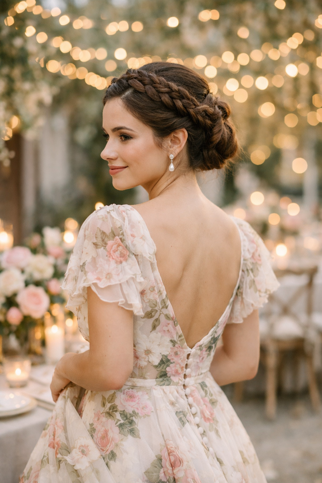 A woman in a floral dress with a braided crown updo hairstyle at a wedding
