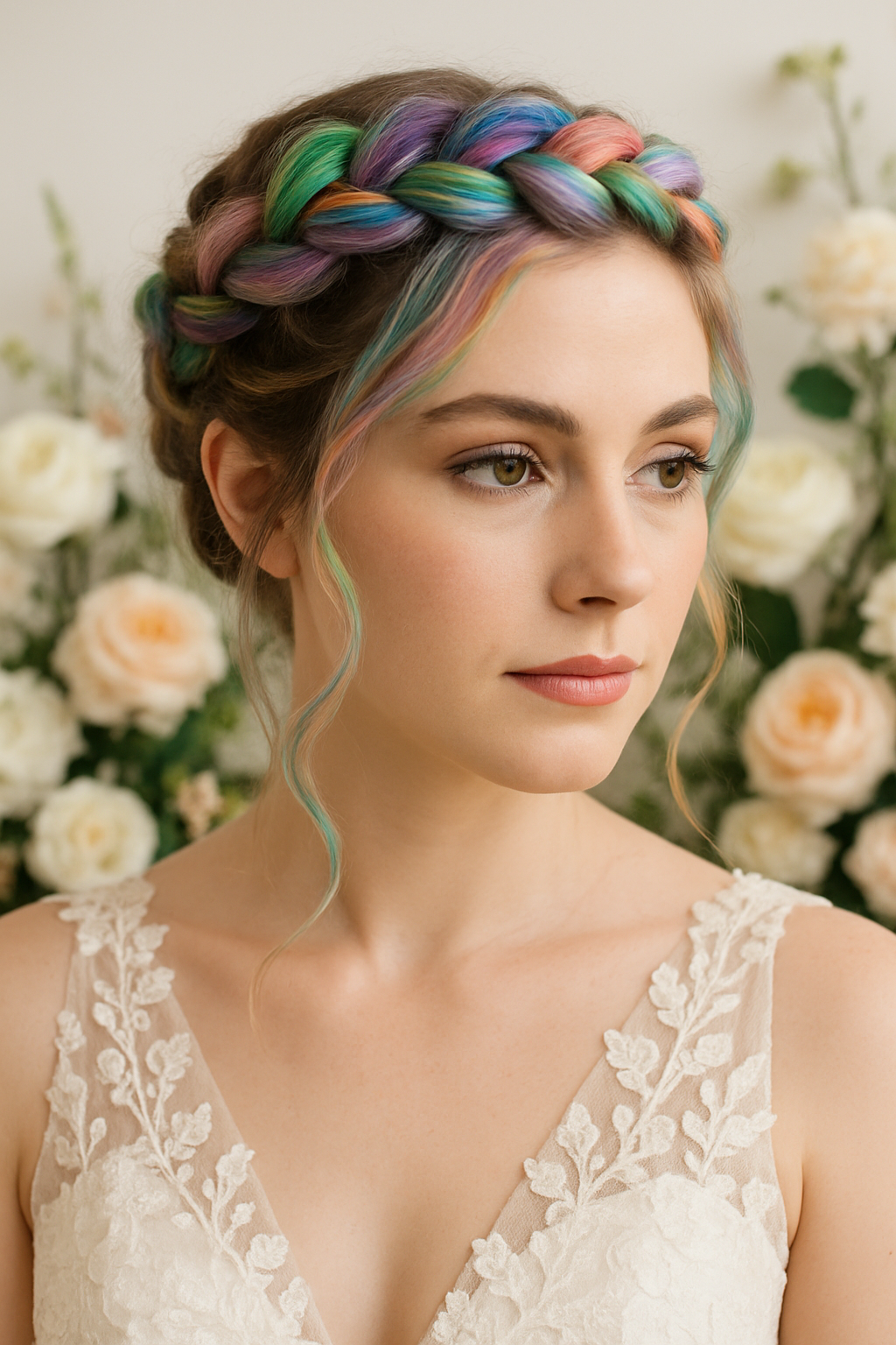 A bride with a braided crown hairstyle featuring colorful highlights, surrounded by flowers.