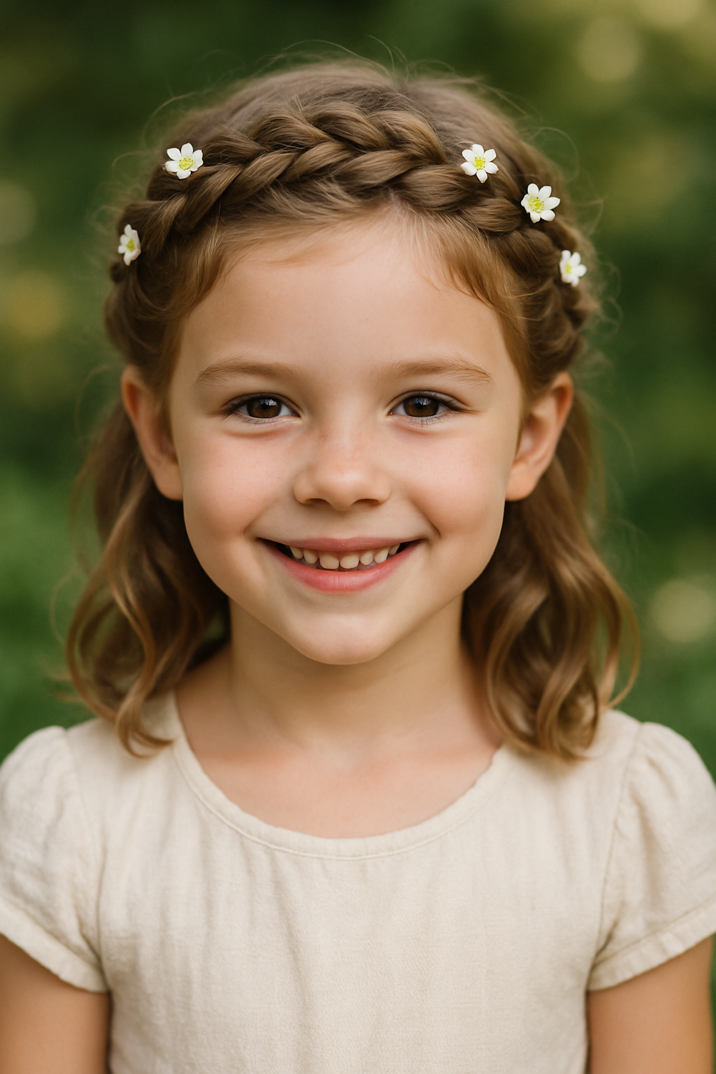 A young girl with a braided crown hairstyle adorned with small white flowers, smiling in a natural setting.