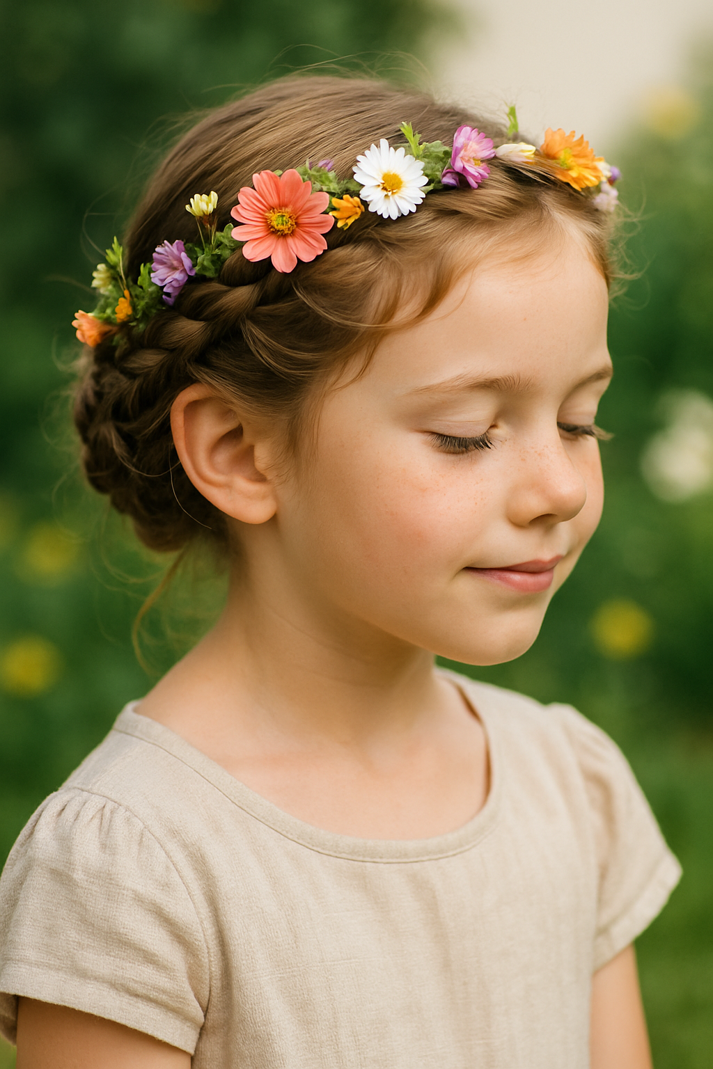 A young girl with a braided crown hairstyle adorned with colorful flowers.