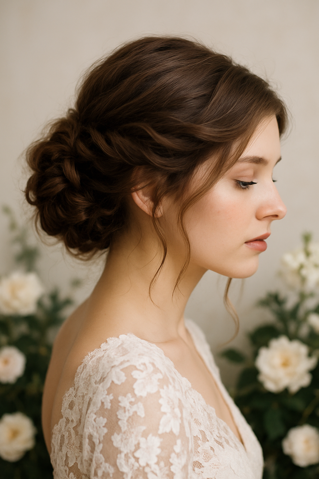 A bride with a braided crown hairstyle and a floral veil, surrounded by soft flowers.