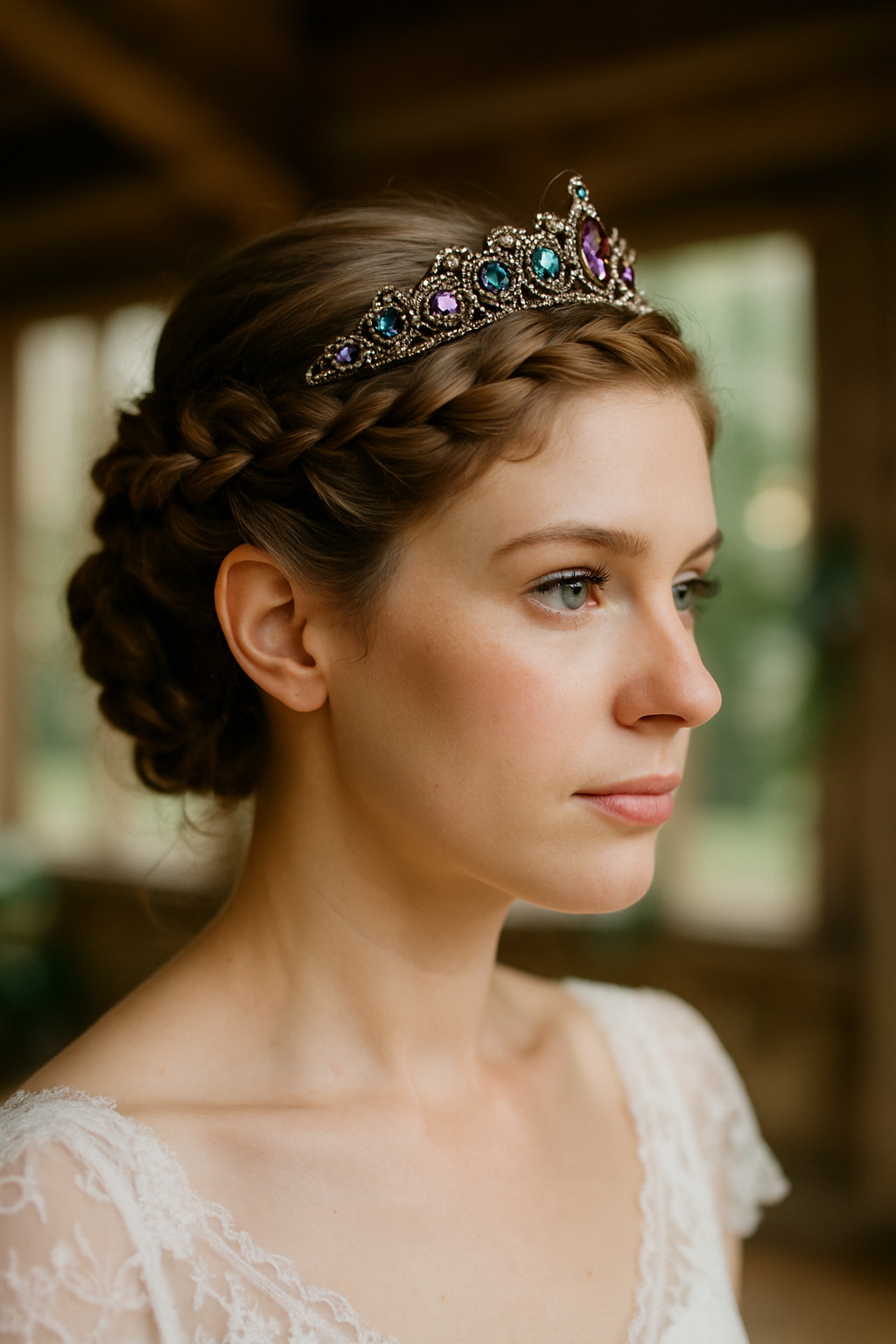 A bride with a braided crown hairstyle and a colorful gemstone tiara.