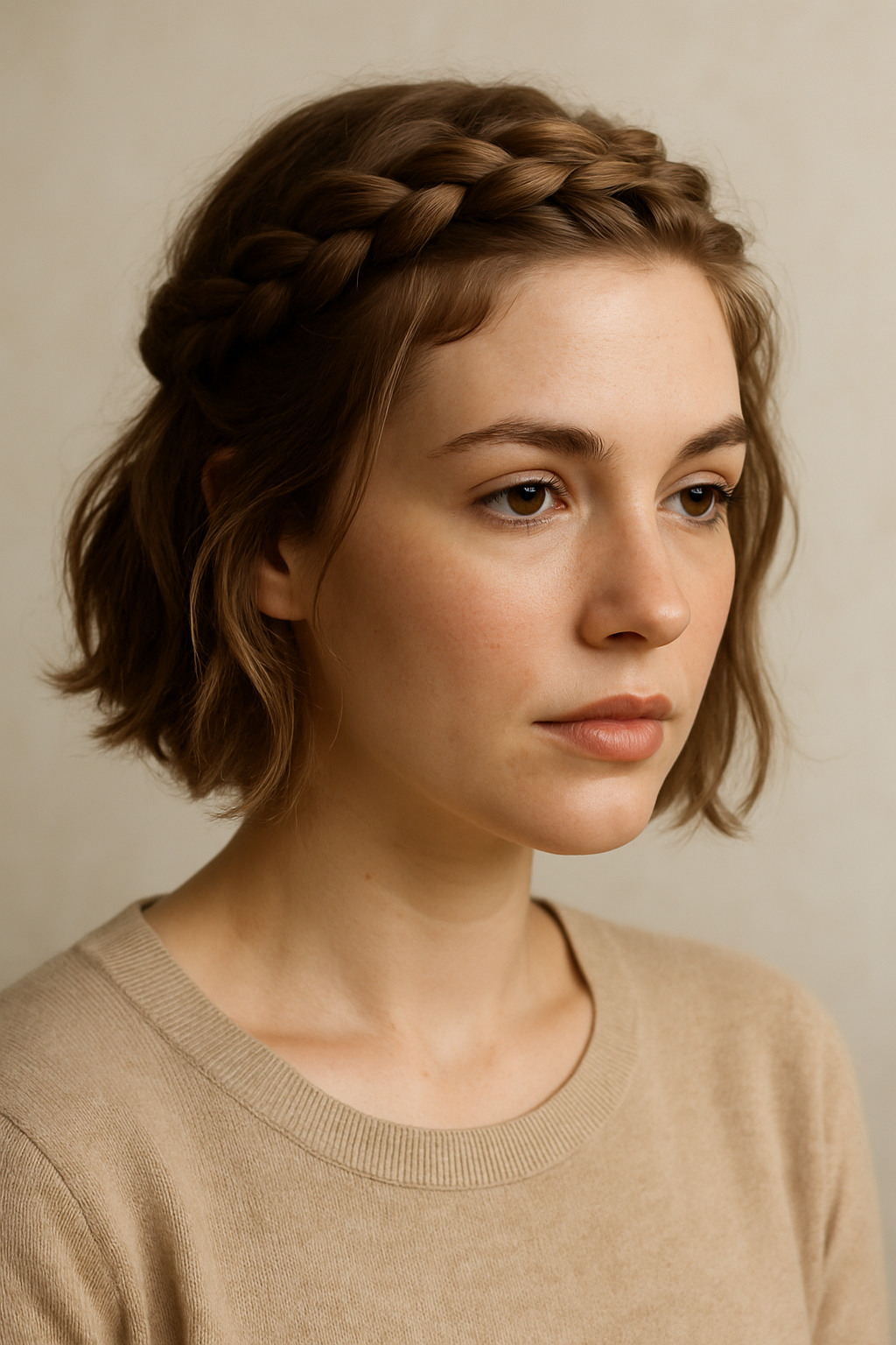 A woman with short hair styled in a braided crown with loose strands.