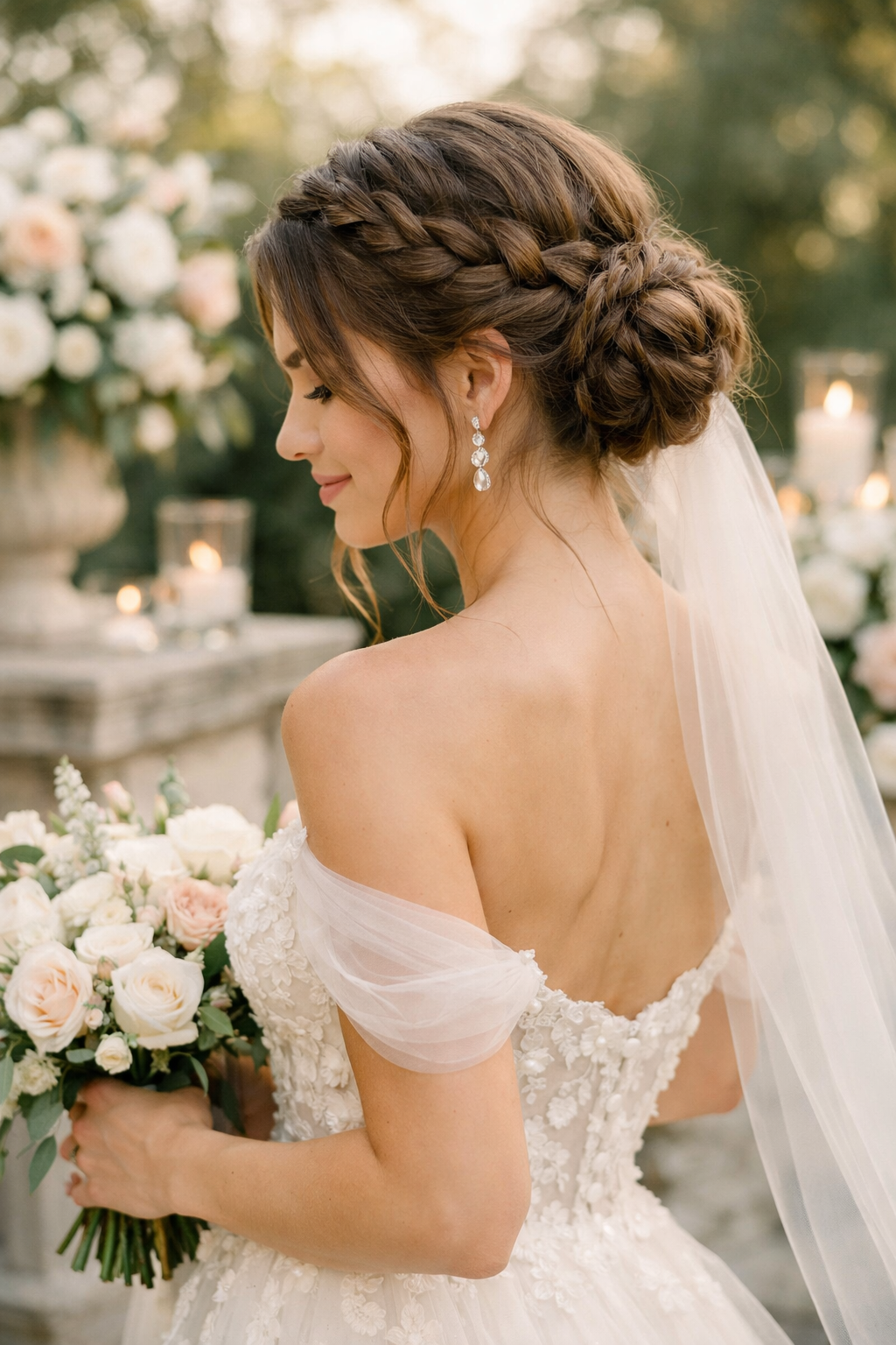 A woman with a braided crown hairstyle and loose tendrils, holding a bouquet, at a summer wedding.