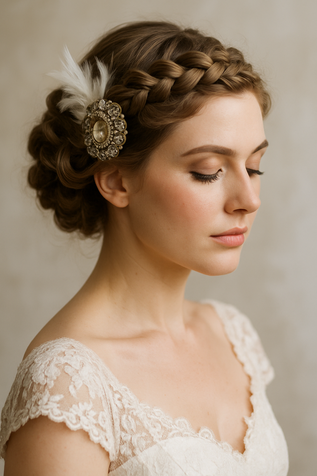 A woman with a braided crown hairstyle adorned with a vintage brooch fascinator, showcasing elegance and style.