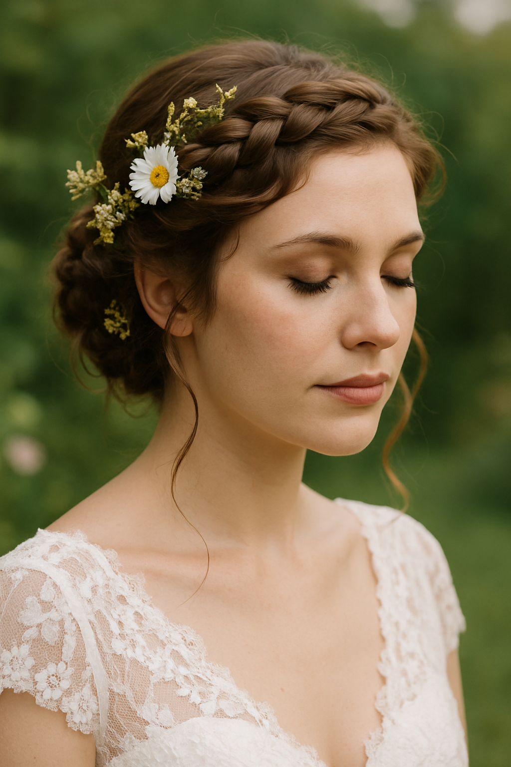 A bride with a braided crown hairstyle adorned with wildflowers, showcasing a natural wedding look.