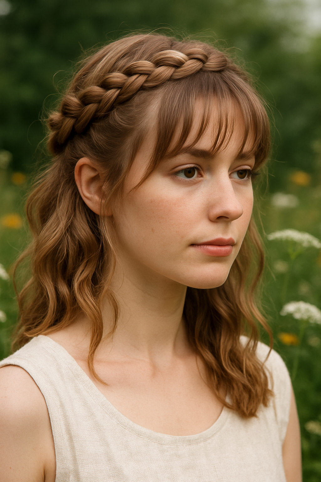 A woman with a braided crown hairstyle and wispy bangs, surrounded by greenery.