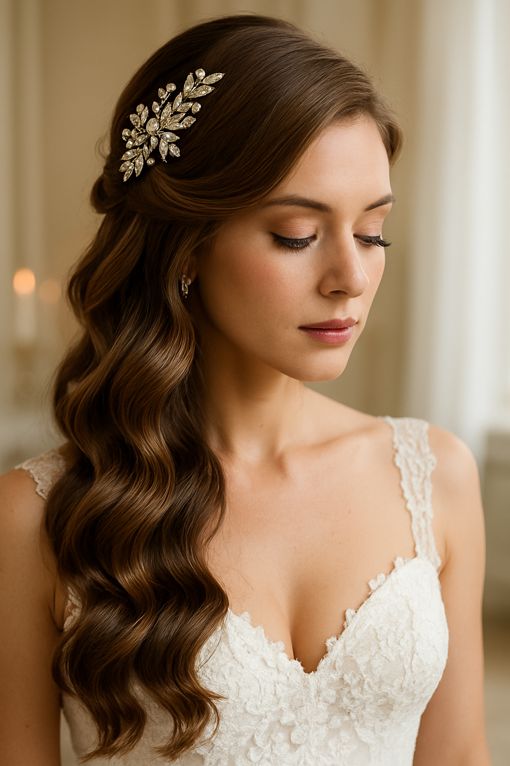 Bride with braided hairpiece adorned with jewels, showcasing soft waves and elegant hairstyle.