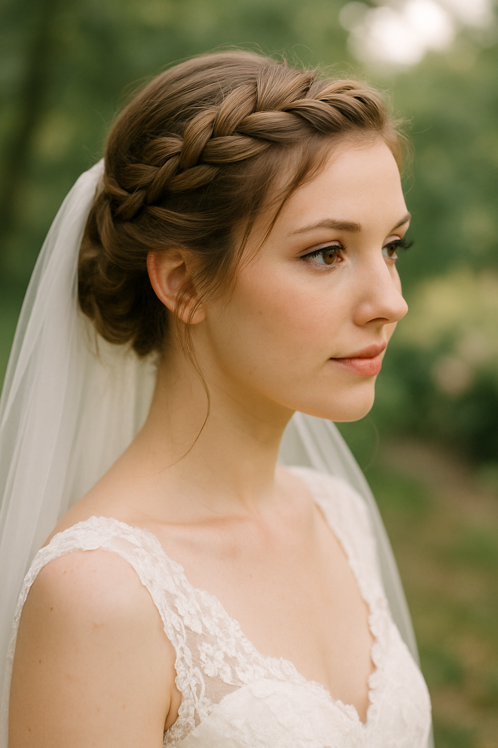 Bride with a braided halo hairstyle and veil