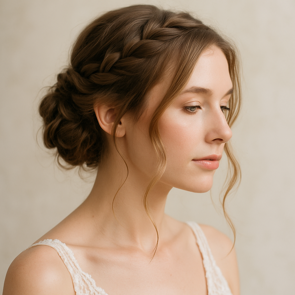 A side view of a woman with a braided low updo hairstyle, featuring loose strands framing her face.