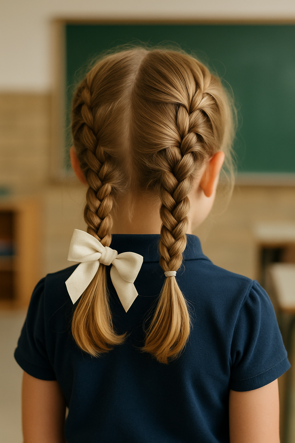 A girl with braided pigtails secured with a white ribbon, wearing a navy blue shirt, standing in a classroom.