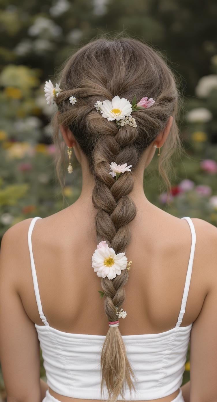 A woman with a braided ponytail adorned with flowers, showcasing a stylish and elegant hairstyle.