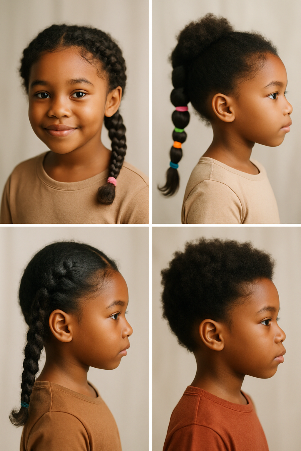 Image showing kids with different braided ponytail hairstyles, including a single braid and colorful ponytails.