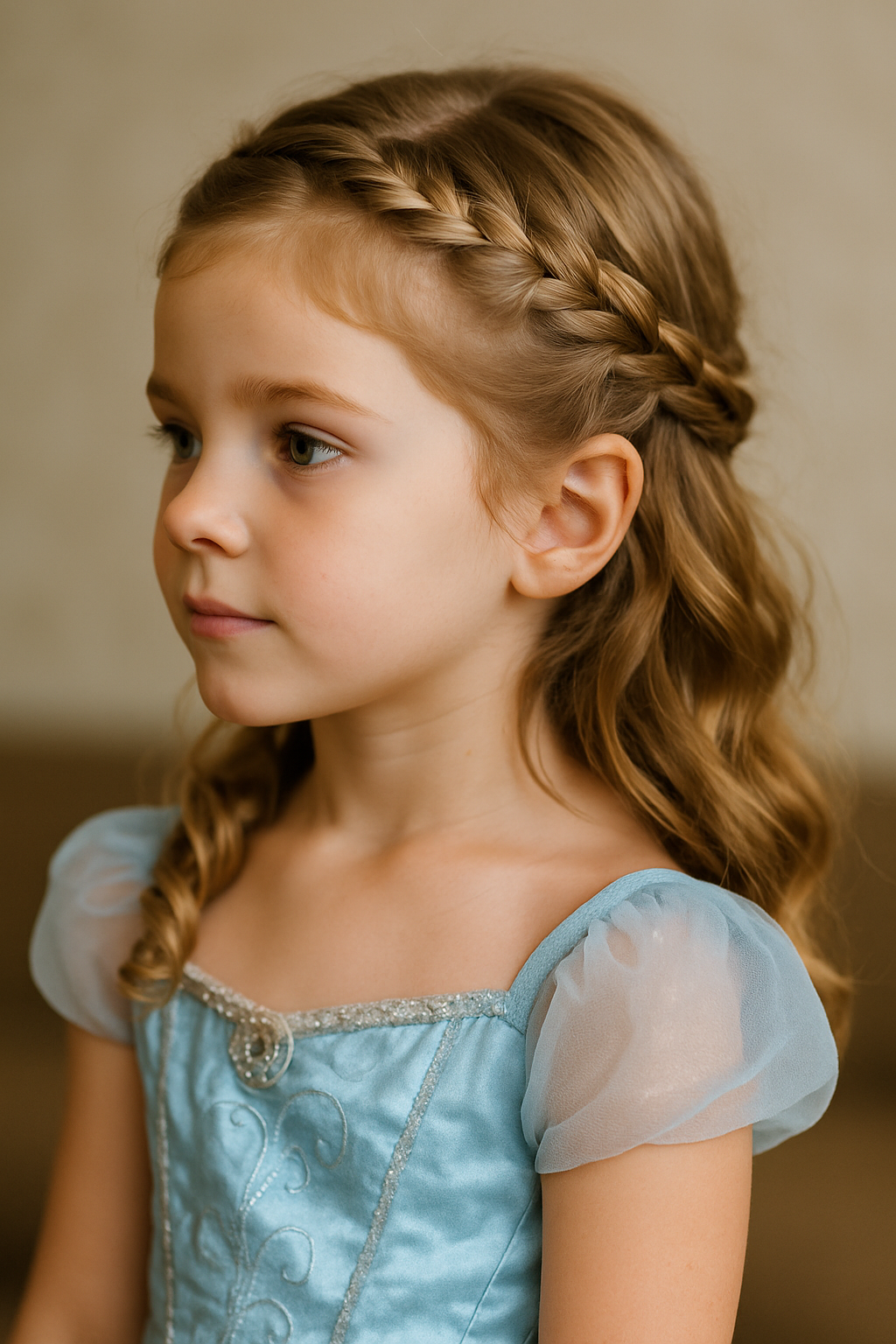 A young girl with a braided side ponytail adorned with beads, wearing a blue princess dress.