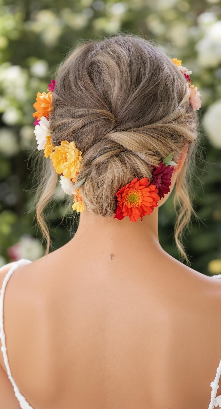A braided updo hairstyle adorned with colorful flowers.