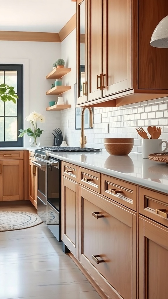A warm neutral kitchen featuring brass hardware on cabinets and drawers.