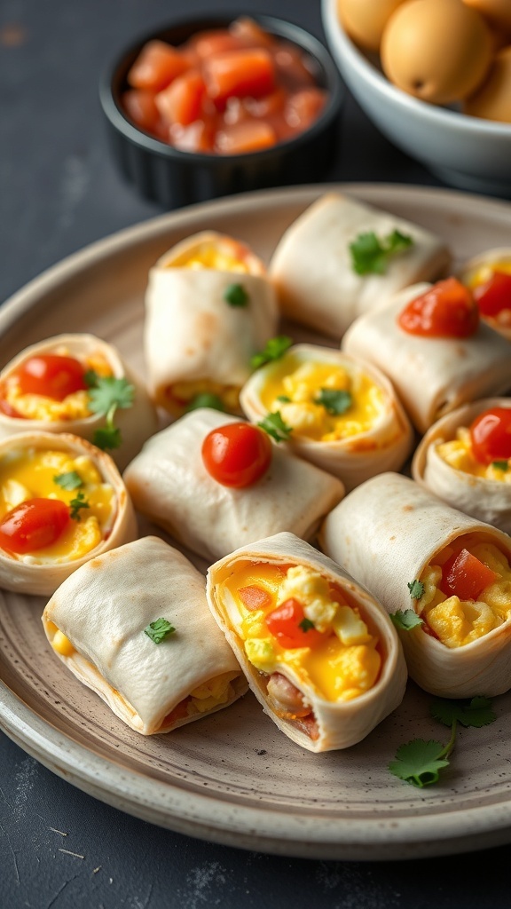 Delicious breakfast burrito bites on a plate, topped with tomatoes and cilantro.