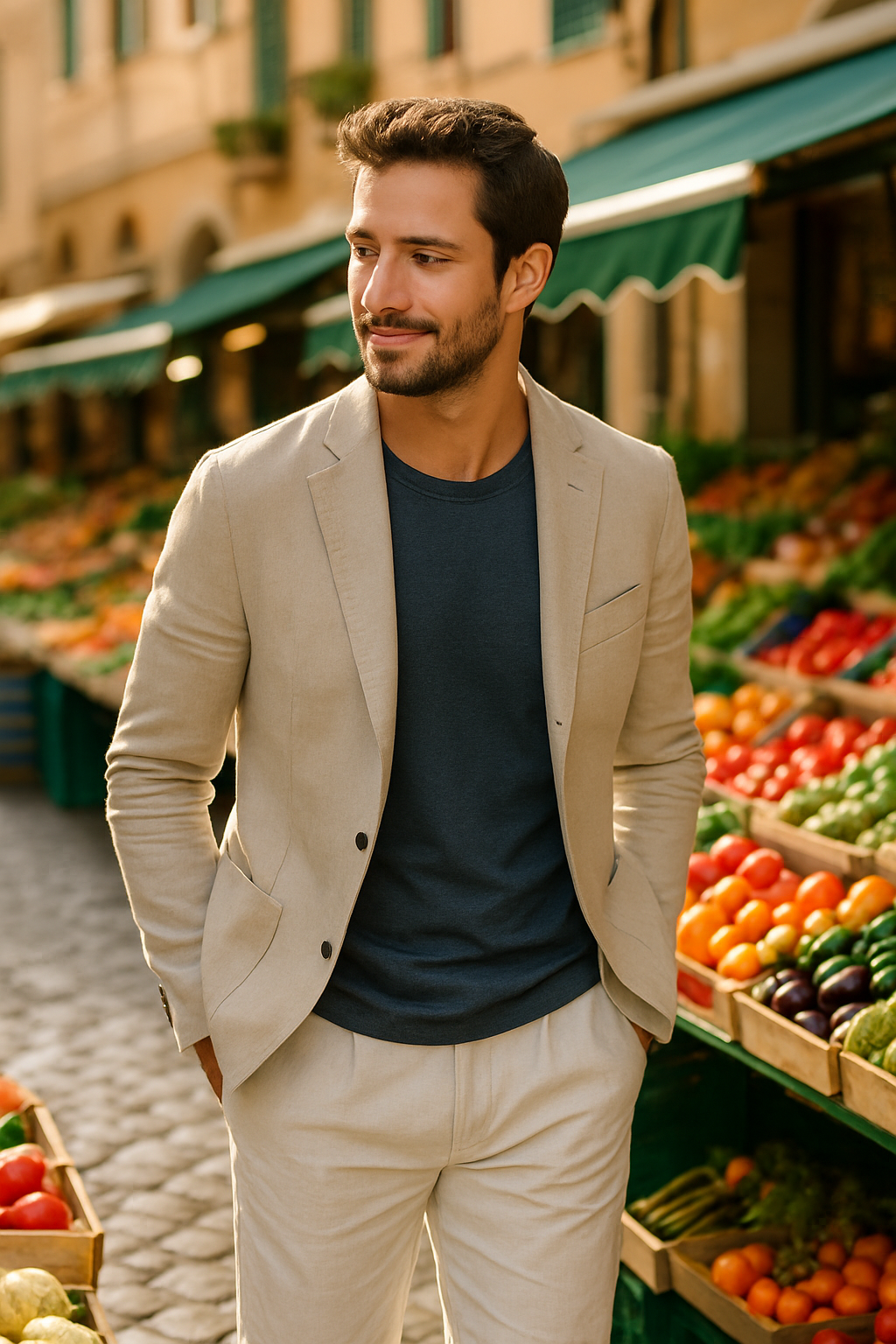 A man in breathable light-colored cotton pants, a blazer, and a t-shirt, standing in a market filled with vibrant fruits and vegetables.