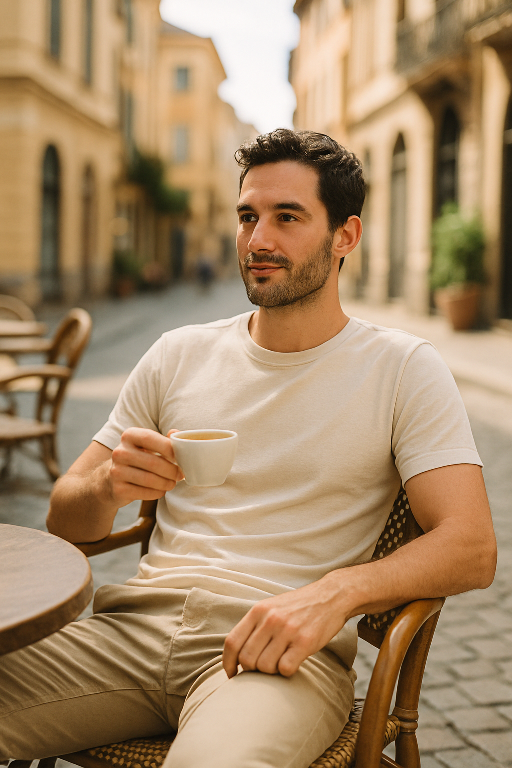 A man in a light-colored cotton t-shirt, sitting at a café with a cup of coffee in hand, enjoying the sunny day