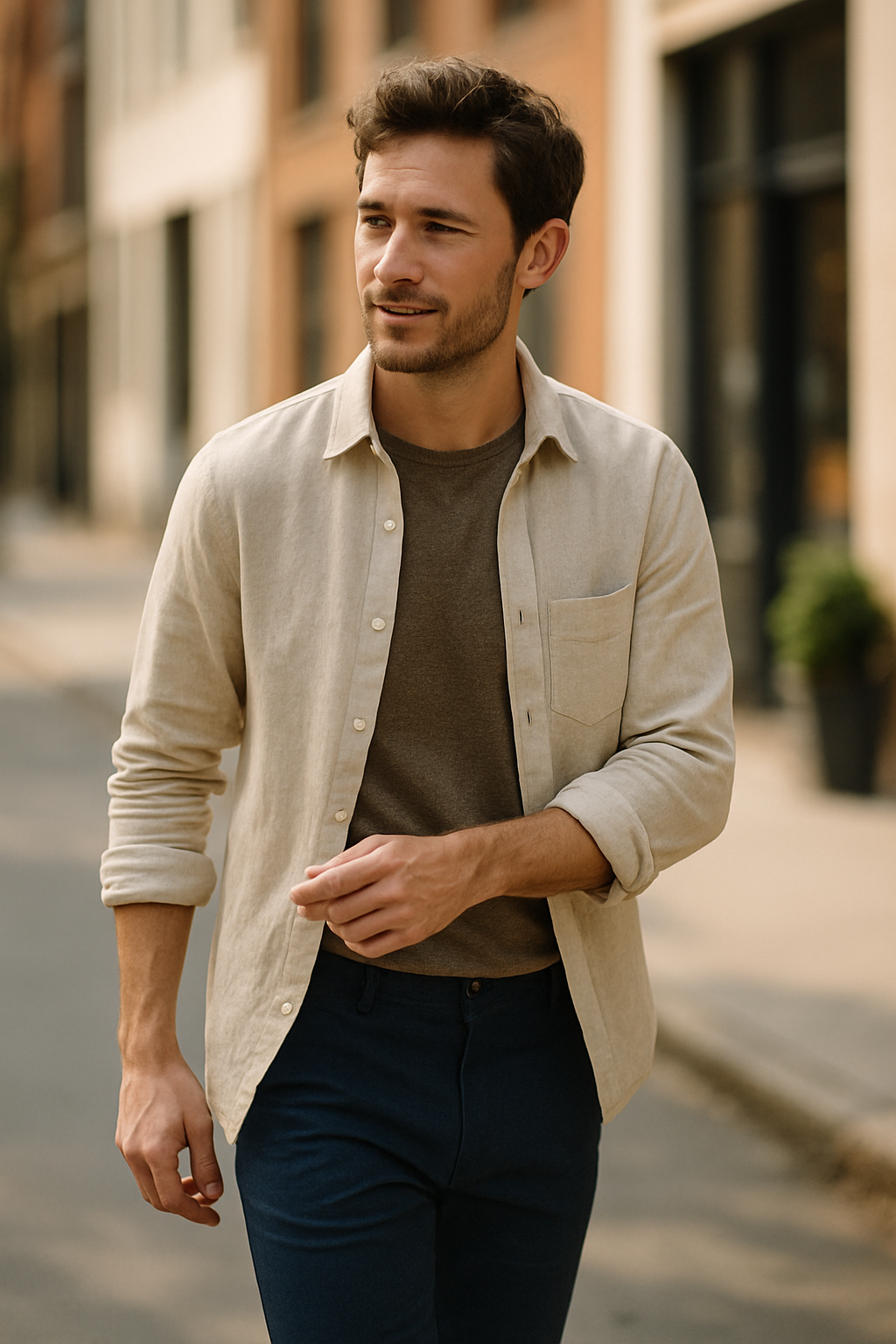 A man in a stylish breathable cotton outfit walking down a city street.
